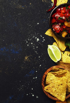 Mexican Food, Salsa Sauce, Tomatoes, Nachos and Lime, Food Background, Top View