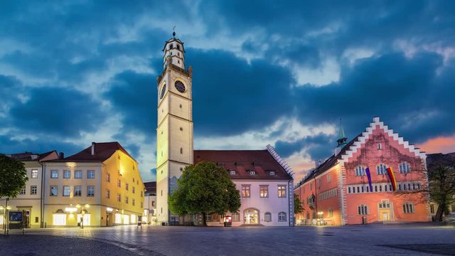 Historical landmarks of Ravensburg: Blaserturm (trumpeter's tower), Waaghaus (weighing house) and Town hall (Rathaus) loacated on Marienplatz square (static image with animated sky)
