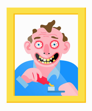 Crazy man in mirror brushing his teeth