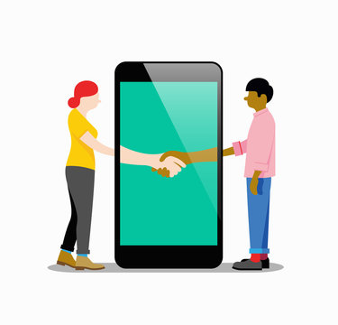 Man and woman shaking hands in smartphone display