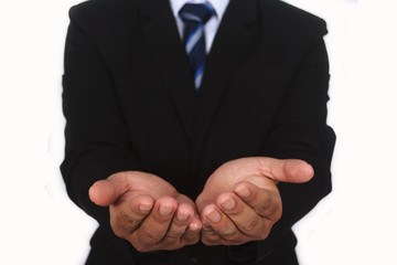 Obraz premium Businessman hand holding something on white background