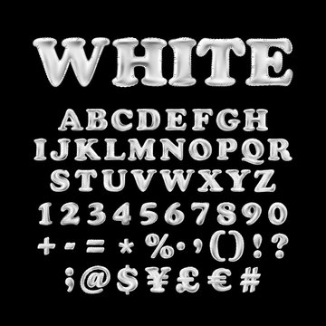 Full english alphabet of white inflatable balloons with exclamation point, question mark and hashtag isolated on black background