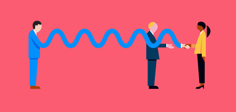 Businessman with long arm shaking hand with businesswoman