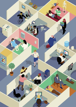 Illustration of office cubicles with ill and working people
