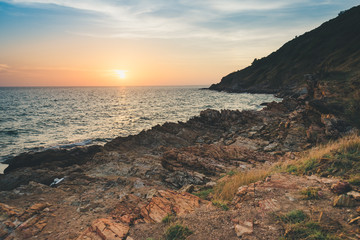 Seascape with rock in beautiful sunset in Khao Laem Ya, Thailand.