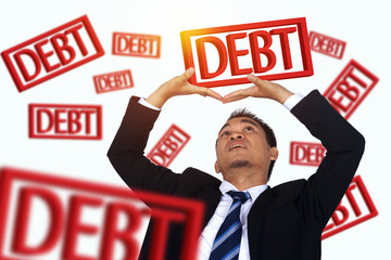 Asian businessman with falling debt text. for debt concept