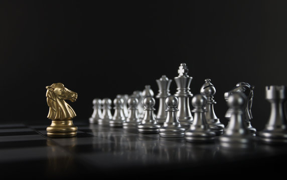 Chess (knight confront opponent or competitor) on black background. Strategy, market share, business investment, business competition, opportunity, brave, fearless, dare, fight or front line concept.