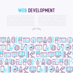 Fototapeta na wymiar Web development concept with thin line icons of programming, graphic design, mobile app, strategy, artificial intelligence, optimization, analytics. Vector illustration for web page.
