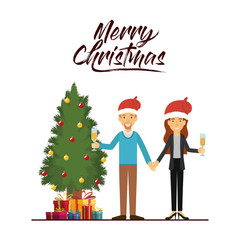 merry christmas card of couple celebrating christmas with champagne glass next to the tree with gifts and both of them with red christmas hat and him with beard