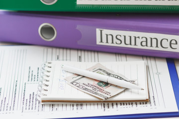 Folders, notebook with pen and American dollars
