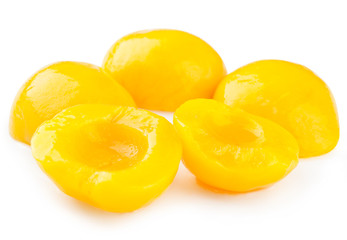 Canned peaches isolated on white background.