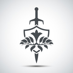 Shield and sword icon with leaves with shadow.