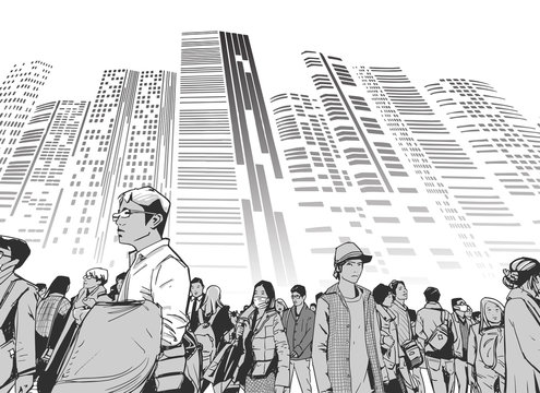 Illustration of urban crowd from low angle view with towers and high rises in background in black and white