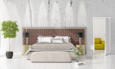 Fototapeta na wymiar Modern interior design of bedroom in vogue with plant and copyspace in horizontal arrangement. 3D rendering.