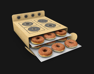 3d Illustration of Cardboard Cooker with Cake inside, Isolated on black Background.