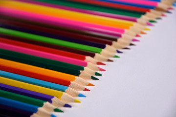 Colored crayons background. Many different colored pencils on white background