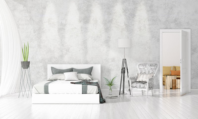 Modern interior design of bedroom in vogue with plant and copyspace in horizontal arrangement. 3D rendering.