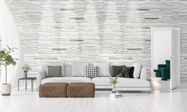 Modern interior design of livingroom in vogue with plant, grey divan, copyspace. Horizontal arrangement. 3D rendering.