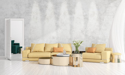 Modern interior design of livingroom in vogue with plant, yellow divan, copyspace. Horizontal arrangement. 3D rendering