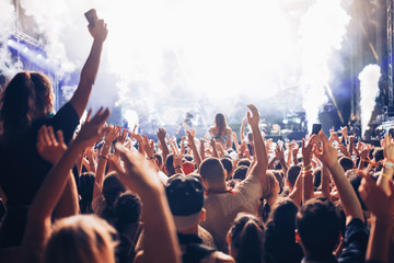 Portrait of happy crowd enjoying at music festival