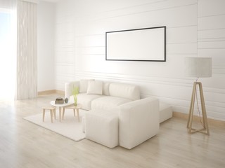 Mock up the living room with a corner light sofa and a stylish floor lamp.