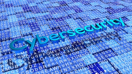 Grid with random letters floating above blue cubes with different height