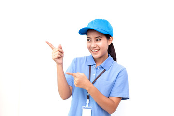 Young Asian Woman with Delivery service worker in uniform. Woman holding Box with attractive  smiling isolated on white background.