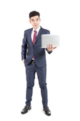Asian Business Man smiling on white background, Attractive Man stand and Holding Laptop, isolated on white background, People working concept.