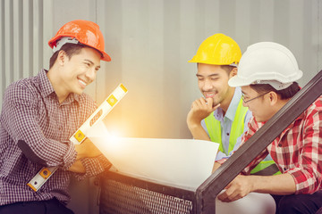 Close up of Happy business engineer man team at construction site, Happiness and success teamwork...