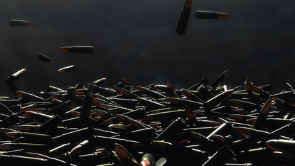 Many bullets fall on the table. In the background a dark wall