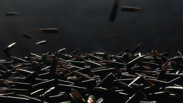 Many Bullets Fall On The Table. In The Background A Dark Wall