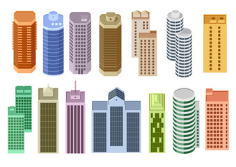 Cartoon banner of the website with set of skyscrapers. A set of different facades of high buildings. The view from the top. Vector graphics templates