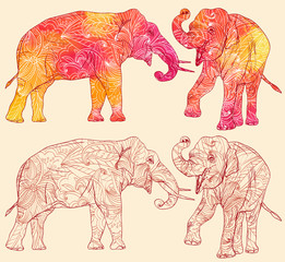 Set of elephants with decorative floral pattern
