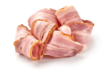 Slices of smoked bacon, isolated on white background.