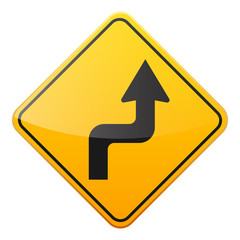 Road yellow sign on white background. Road traffic control.Lane usage. Stop and yield. Regulatory sign. Street. Curves and turns.