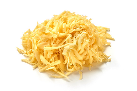 Heap of grated cheese, isolated on white background.
