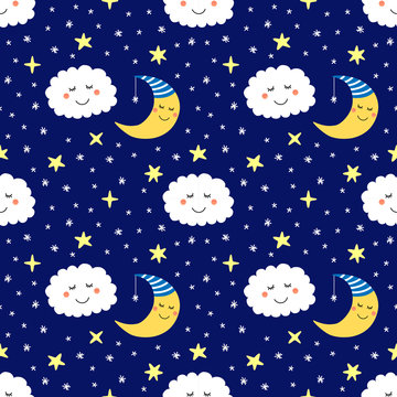 Cute seamless pattern with funny cartoon characters of sleeping moon, stars and clouds