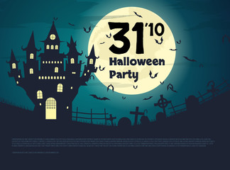 Design flyers for Halloween party. A large castle with a cemetery at night. Inscription on the background of the moon. A flock of bats