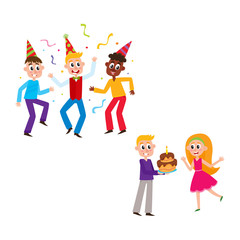 Friends wearing birthday hats, having fun at party, boy giving layered cake to happy girl, cartoon vector illustration isolated on white background. Young people, boys and girls, having birthday party