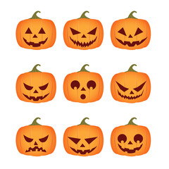nine pumpkins with different emotions on an isolated background for halloween