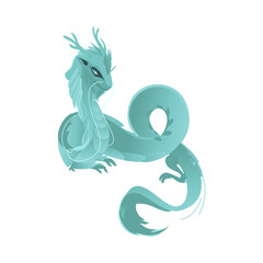 vector flat cartoon colored blue majestic mythical dragon with horns and wings. Legendary mystery animal creature. Isolated illustration on a white background.