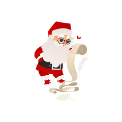 Funny Santa Claus in glasses studying long list of Christmas presents, flat cartoon vector illustration isolated on white background. Santa Claus character in traditional costume with long gift list