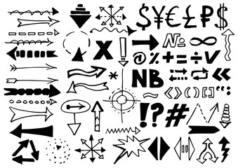 Marker pen written vector shapes. Highlight hand written arrows, lines and signs isolated on white background. Vector illustration. Set of sketch doodle ready for your business.