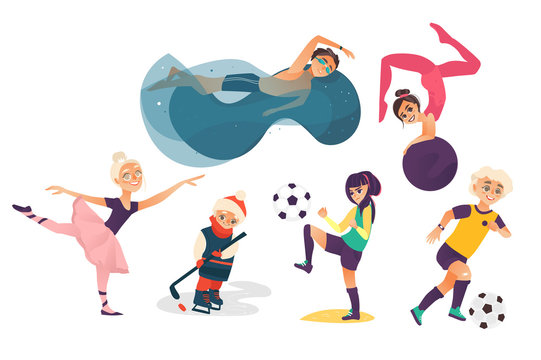 vector cartoon kids doing sports set isolated. Girl playing football, another doing stretching gymnastics exercise with ball, ballerina dancing, boys swimming in pool, playing ice hockey and football.