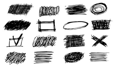 Set of simple bold hatching doodle lines, curves, frames. Pencil sketch isolated on white. Vector marker line blots set. Hand drawn black grunge scribble backgrounds for your design.