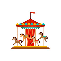 vector flat amusement park concept. Merry go round, Funfair carnival vintage flying horse carousel colored icon. Isolated illustration on a white background. © sabelskaya