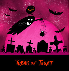 Happy halloween card with graveyard, moon, ghost and bats. Dark banner concept with old gothic ghost cemetery. Cartoon spooky party invitations, cards and flyers, decoration element. Poster, designs.