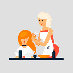 Hairdresser, girl shears a client. Flat design vector illustration.