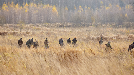 group of hunters during hunting in forest, chase hunting