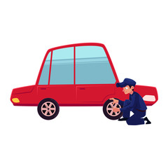 vector flat cartoon funny young man, boy mechanic in blue uniform replacing tire of red sedan car. Male full lenght portrait caucasian character isolated, illustration on a white background